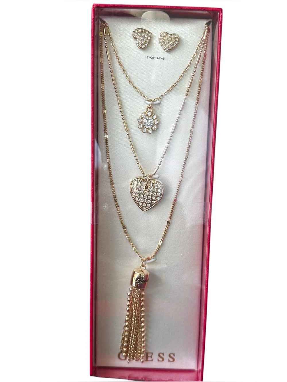 GUESS Gold-tone Necklace 16”, 20” & 24” Pierced Earring GIFT SET 2” Extender NWT